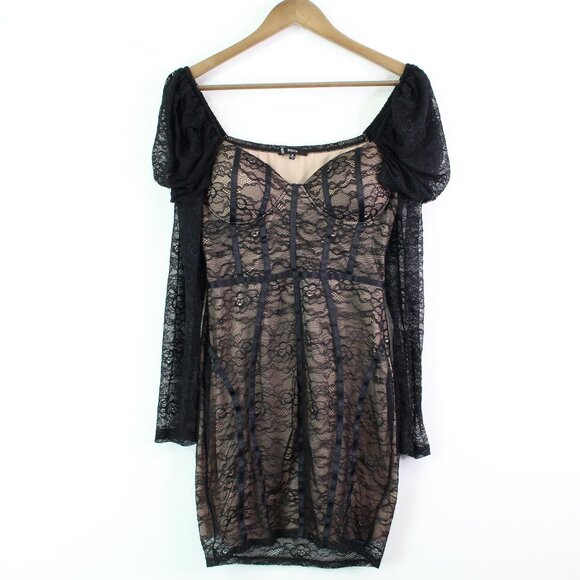 Blashe Dresses & Skirts - Blashe Puff Shoulder Lace Corset Pencil Dress‎ Black Nude Size M